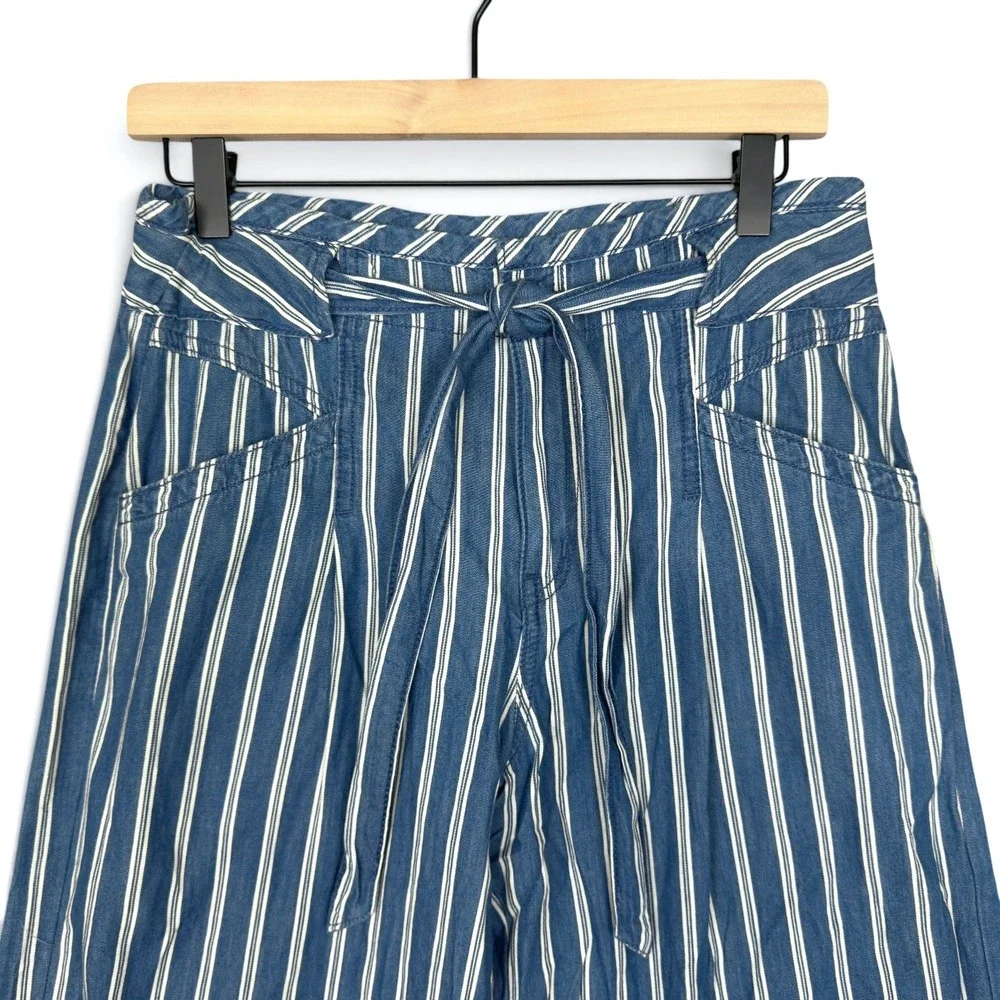 American Eagle Wide Leg Pants 6 Blue White Striped Cotton Tie Waist High Rise - Picture 3 of 10